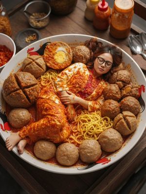 Contoh hasil Gemini AI untuk prompt tidur di dalam mangkuk bakso.