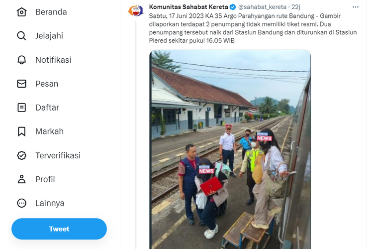 Tangkapan layar twit bernarasi penumpang Kereta Api (KA) Argo Parahyangan diturunkan gara-gara tidak memiliki tiket resmi.