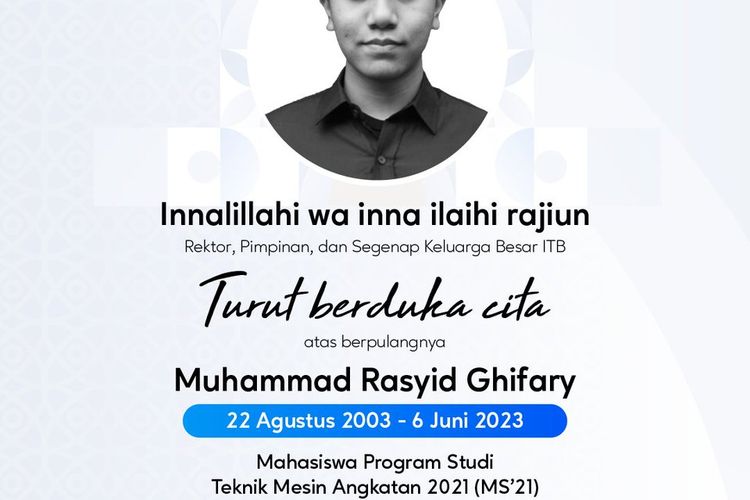 Muhammad Rasyid Ghifary, mahasiswa jurusan teknik mesin ITB angkatan 2021, tewas saat melakukan uji coba pesawat tanpa awak di lapangan Lanud Sulaiman, Kabupaten Bandung, Jawa Barat, Selasa (6/6/2023).