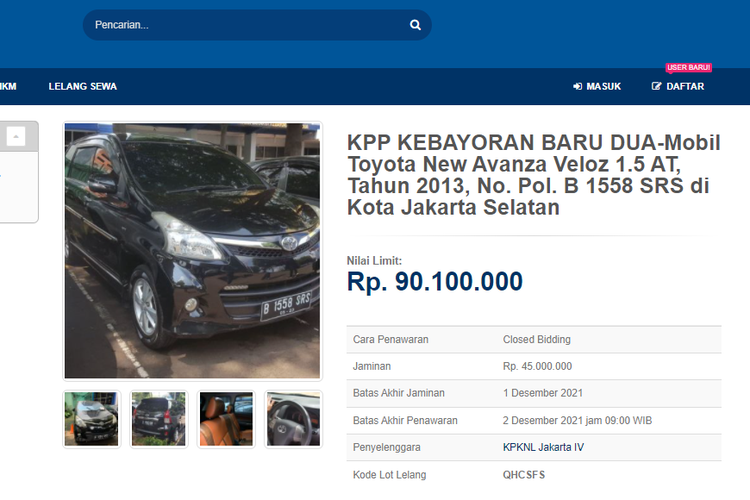 Tangkapan layar laman lelang Toyota Avanza Veloz lansiran 2013 yang akan diselenggarakan pemerintah di situs lelang.go.id