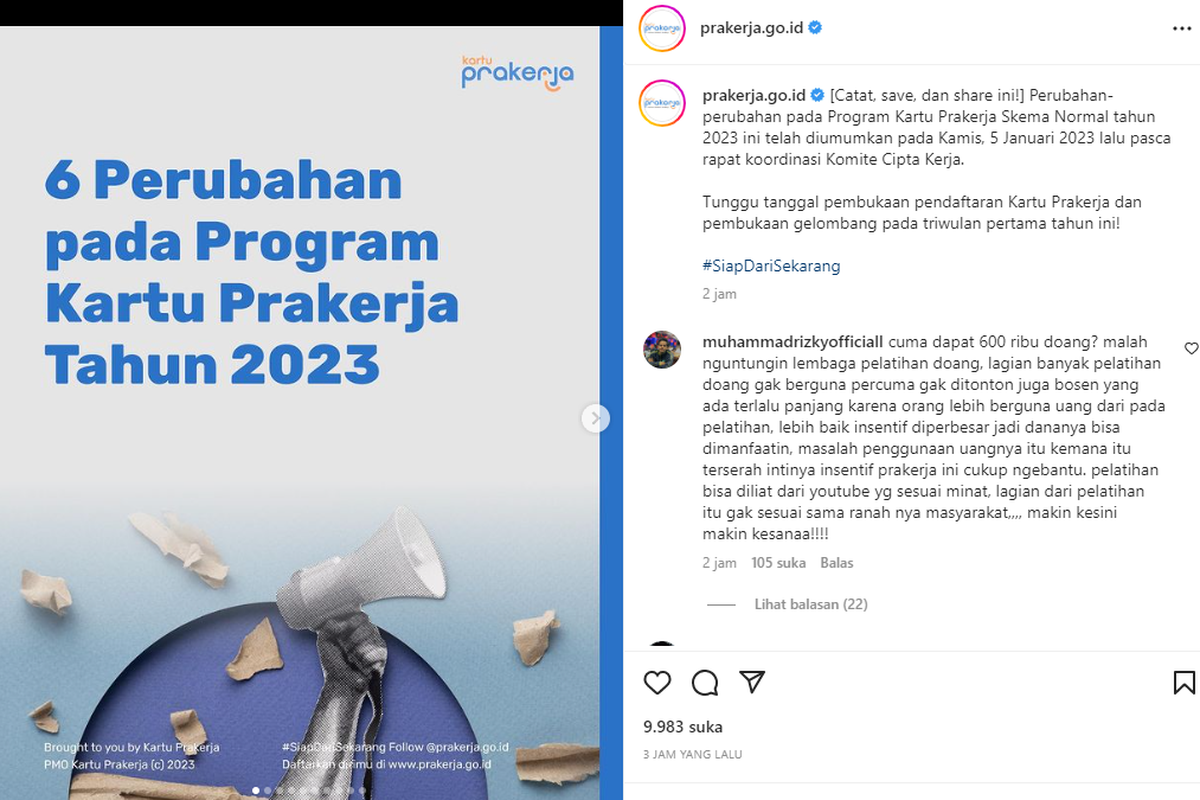 Tangkapan layar unggahan Prakerja soal 6 perubahan pada program Kartu Prakerja 2023.