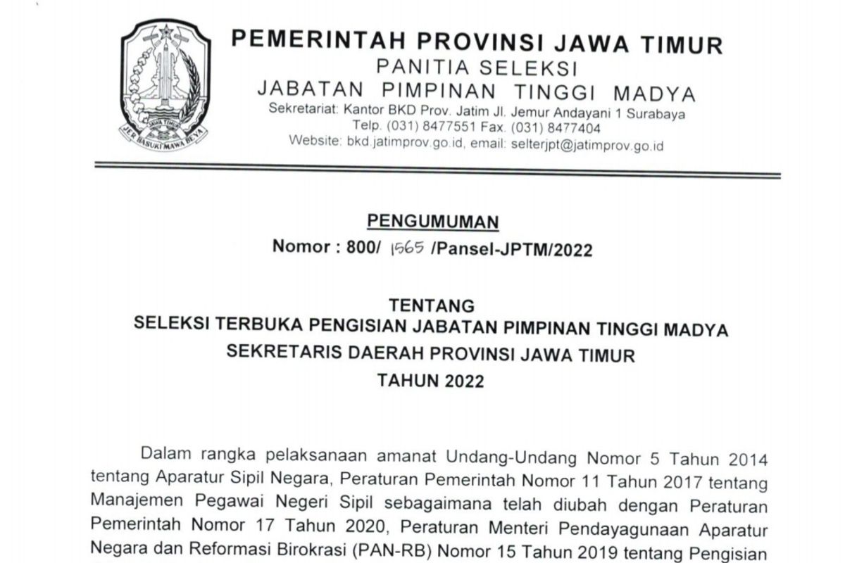 Tangkapan layar surat Panitia Seleksi Terbuka Sekdaprov Jatim