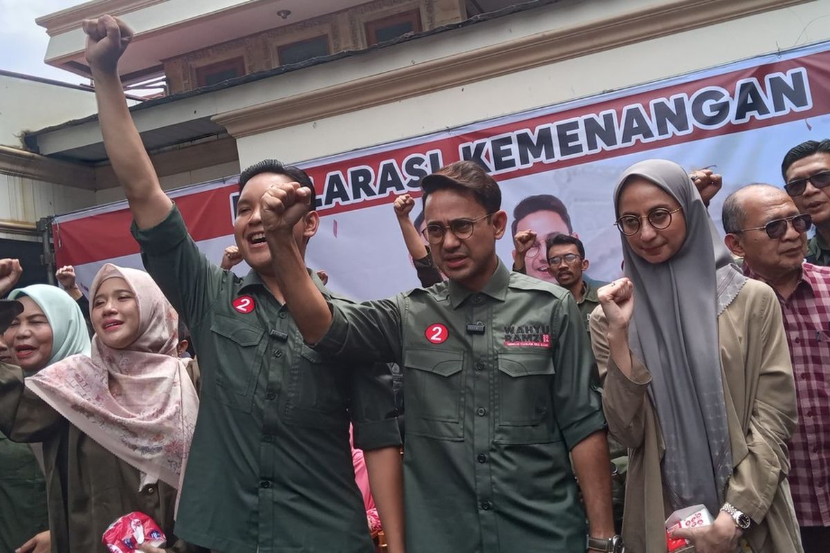 Paslon nomor urut 02 Wahyu - Ramzy mendeklarasikan kemenangan perolehan suara Pilkada Cianjur 2024 berdasarkan rekapitulasi C1 internal di posko pemenangan Cikidang, Kamis (28/11/2024).