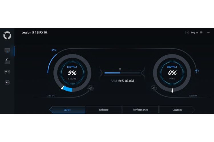 Legion Space menampilkan kondisi terkini laptop. 