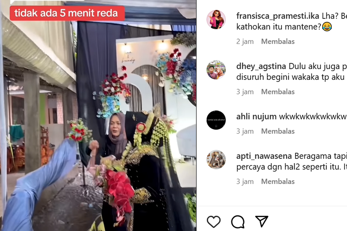 Seorang yang diduga mempelai wanita melemparkan celana dalam untuk meredakan hujan saat hajatan.
