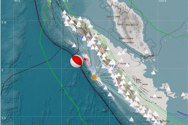 Tangkapan layar lokasi pusat Gempa Mentawai. BMKG menjelaskan Gempa Mentawai, Selasa (25/4/2023) berkekuatan M 7,3 dengan parameter update M 6,9, berpusat di Pantai Barat Sumatera, Kepulauan Mentawai. Gempa berpusat di zona megathrust di Segmen Mentawai-Siberut.