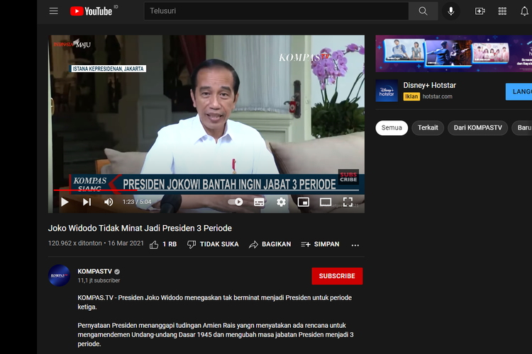 Tangkapan layar unggahan video di kanal YouTube Kompas TV, pada 16 Maret 2021, tentang pernyataan Jokowi yang tidak berminat menjabat sebagai presiden tiga periode.