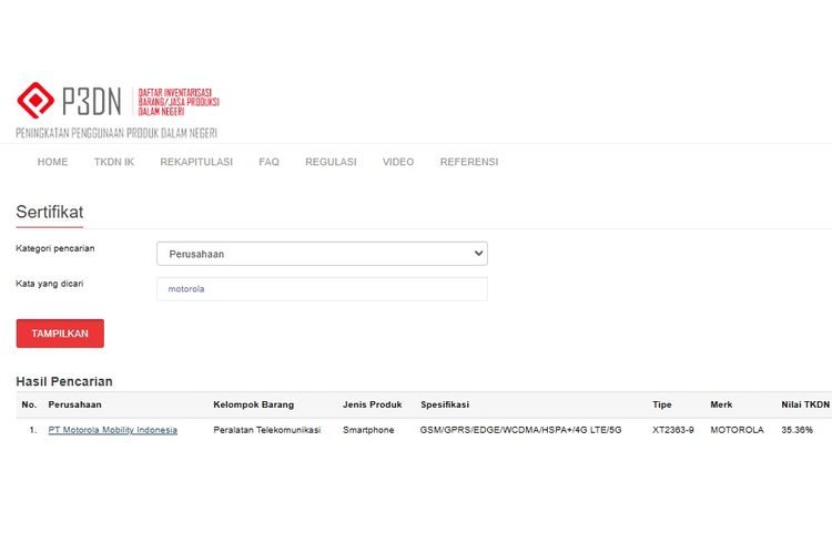 Screenshot sertifikasi TKDN Motorola G34 5G
