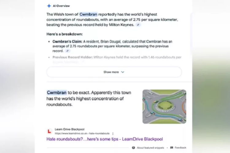 Ilustrasi tangkapan layar AI Overview Google yang menampilkan klaim fiktif dari artikel April Mop buatan Ben Black. 