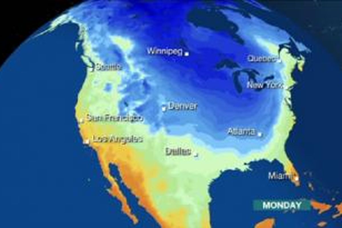 Ilustrasi wilayah Kanada dan Amerika Serikat yang terdampak polar vortex. 