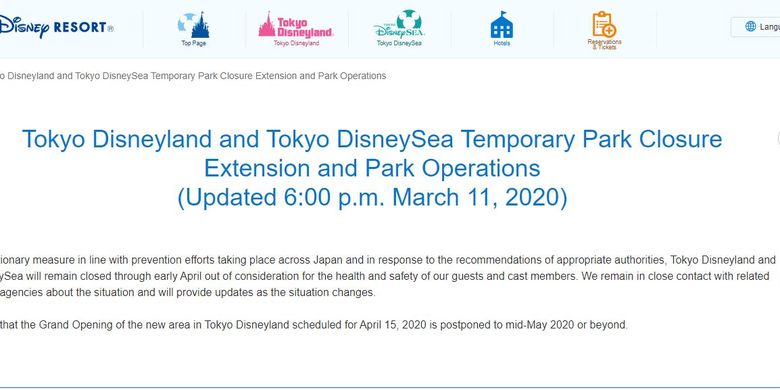 Pengumuman perpanjangan penutupan Tokyo Disneyland dan Tokyo Disneysea akibat corona