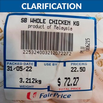 Label harga ayam kampung organik dari Malaysia dengan merk SB Whole Chicken dengan harga 72,27 dollar Singapura atau sekitar Rp 758.000.
