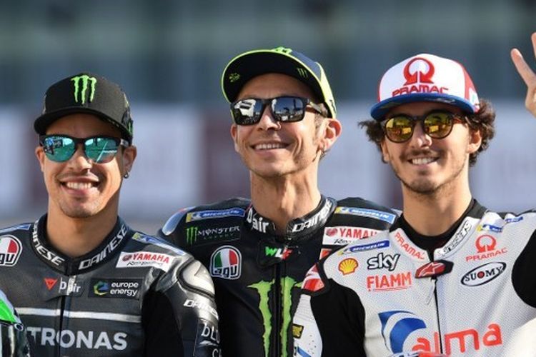 Tiga pebalap MotoGP, Franco Morbidelli, Valentino Rossi, dan Francesco Pecco Bagnaia