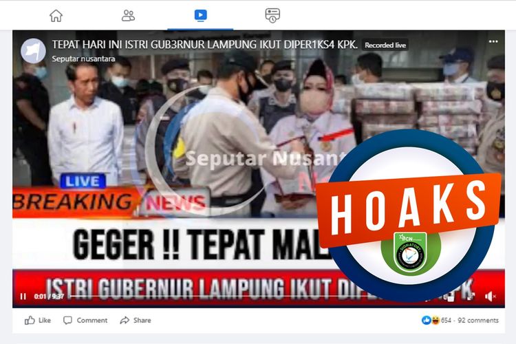 Tangkapan layar Facebook narasi yang menyebut bahwa istri Gubernur Lampung Arial Djunadi diperiksa KPK