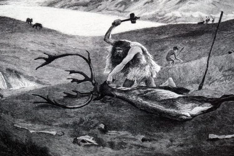 Ilustrasi manusia purba sedang berburu pada zaman batu.