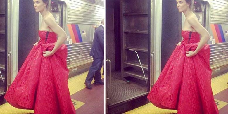 Berbalut Gaun Mewah, Katie Holmes Naik Kereta Bawah Tanah