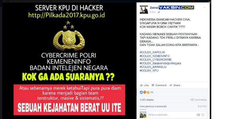 Salah satu hoax tentang peretasan server KPU