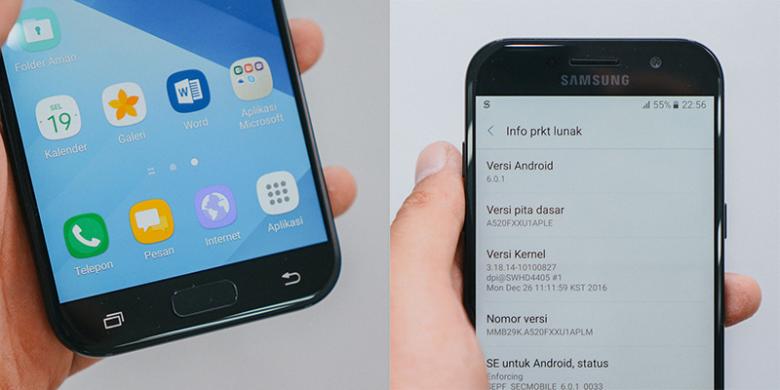 Samsung menyematkan pemindai sidik jari di tombol home Galaxy A5 (2017). Fungsi recent apps dan back diwakili oleh sepasang soft button yang mengapit tombol home (foto kiri). Dua softbutton ini memiliki backlight yang akan menyala singkat begitu menerima input pengguna. Sistem operasi yang digunakan adalah Android 6.0.1 Marshmallow dengan UI TouchWiz ala Samsung.