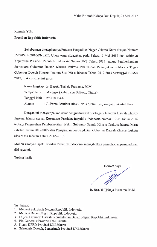 Ini Isi Surat Pengunduran Diri Ahok sebagai Gubernur DKI