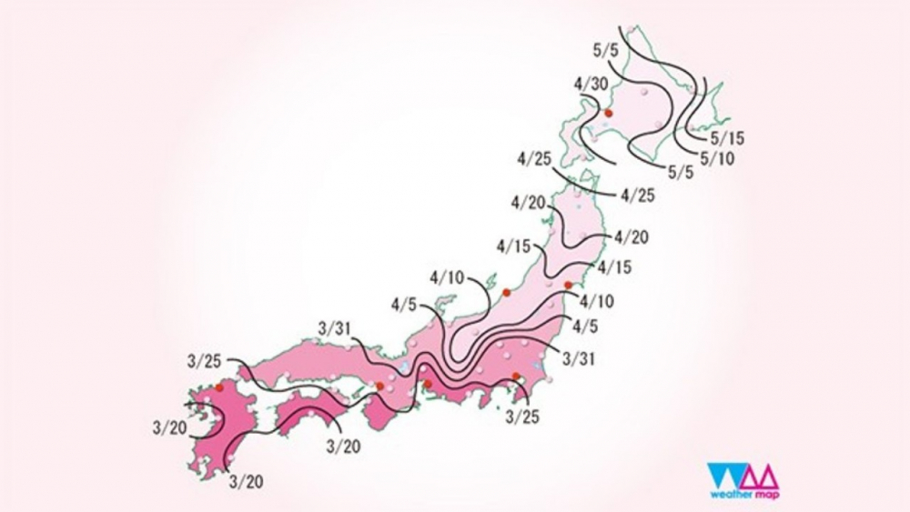 Peta prakiraan waktu mekar sakura di Jepang tahun 2018.