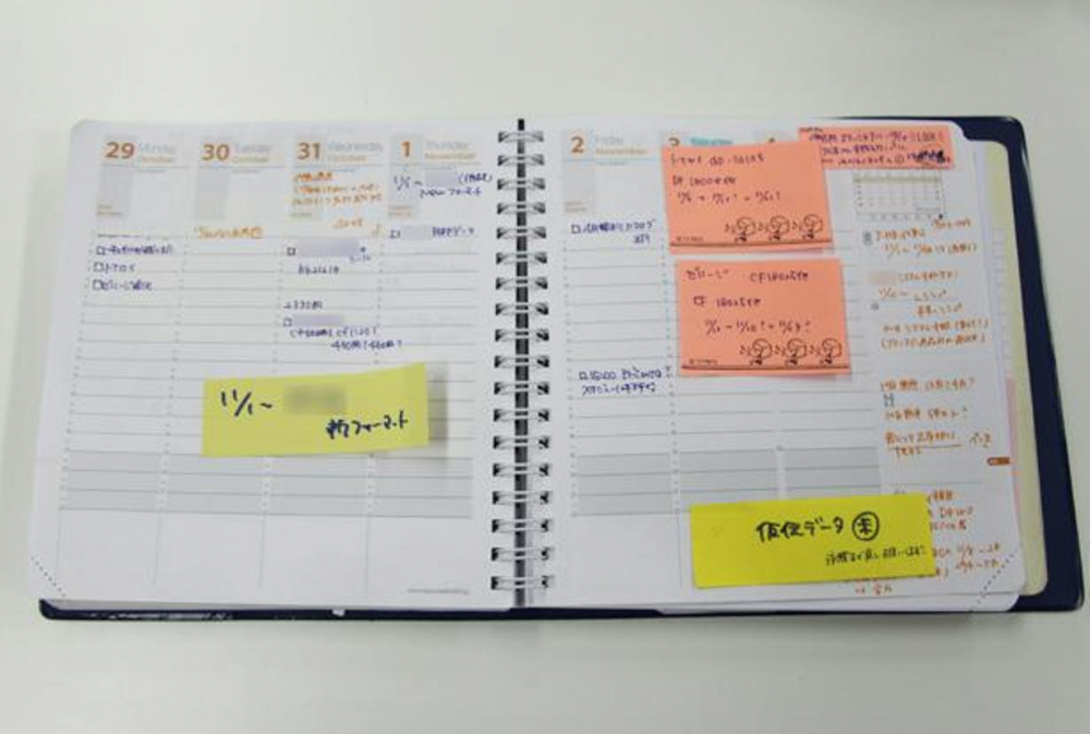 Buku agenda milik pegawai Quo Vadis Japan. Pada foto adalah buku agenda dengan format vertikal yang mengatur jadwal milik seorang pegawai perempuan dari bagian penjualan.