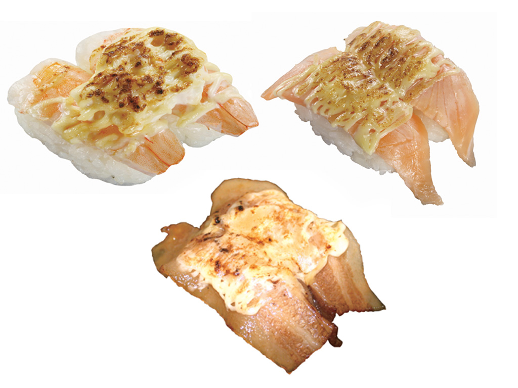 Berbagai menu dengan topping keju yang dihidangkan di atas sushi Kalbi, Salmon, Udang