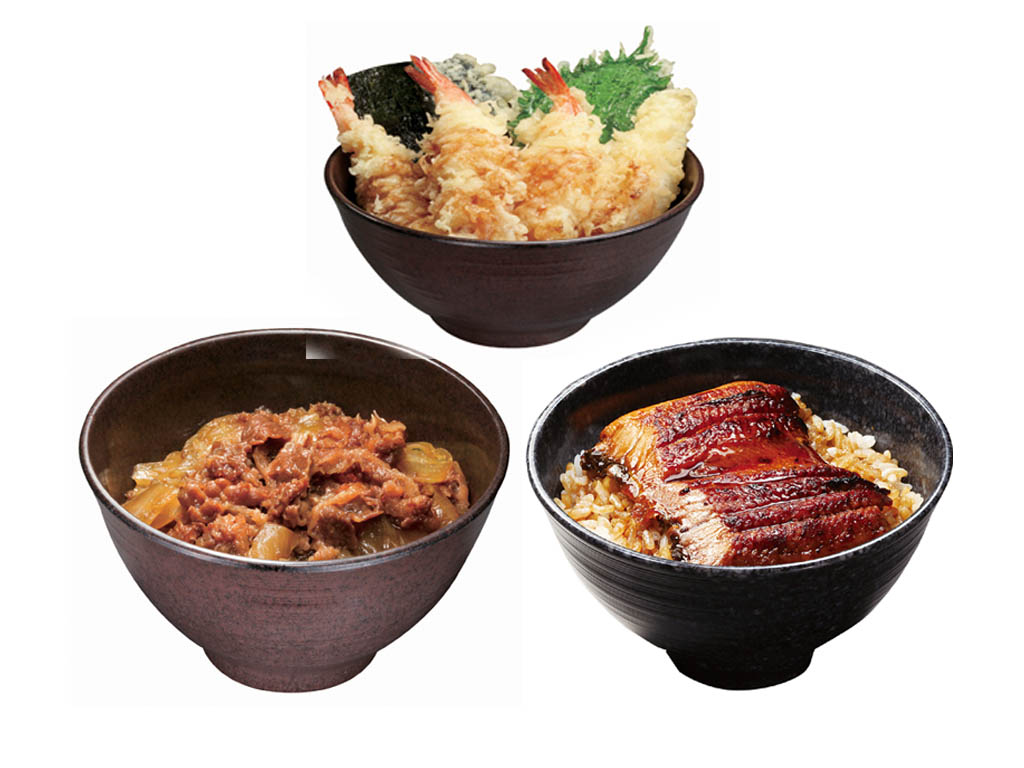 Menu Rice Bowl dengan topping  Beef, Tempura, Unagi, dan banyak lagi. 