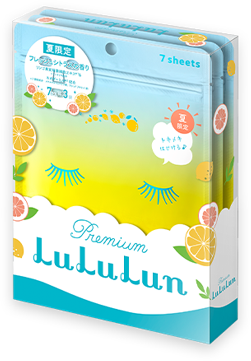 2019 Limited Edition Premium LuLuLun (Fresh Citrus Scent) seharga 1.200 yen per kotak (tidak termasuk pajak) isi 3 bungkus yang masing-masing berisi 7 lembar masker. 