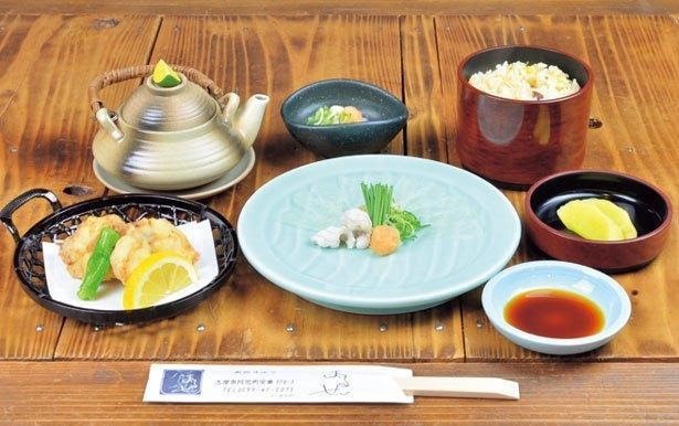 Paket Anorifugu (3.300 yen): tessa (sashimi ikan buntal) dengan teppi (kulit ikan buntal), ikan buntal goreng, dan nasi berbumbu dengan ikan buntal.