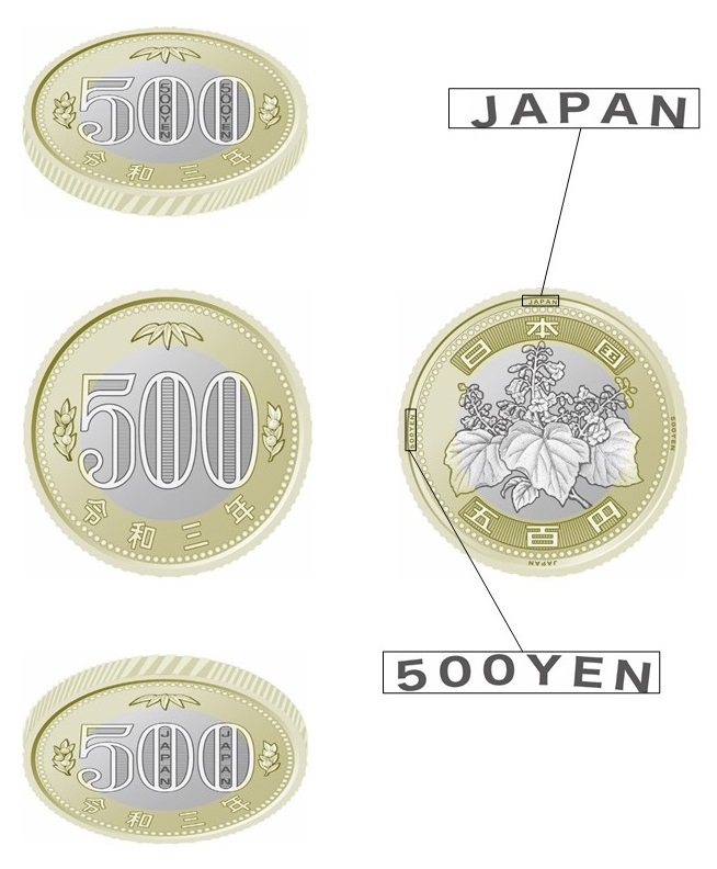 Desain uang logam 500 yen yang baru mengusung nada warna ganda.