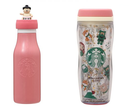 Botol minum pesumo dan tumbler Starbucks dengan desain Tahun Baru.