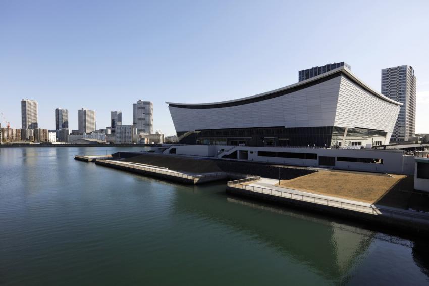 Foto udara yang menunjukkan Ariake Arena, lokasi perlombaan voli putra dan putri pada ajang Olimpiade Musim Panas 2020 Tokyo.