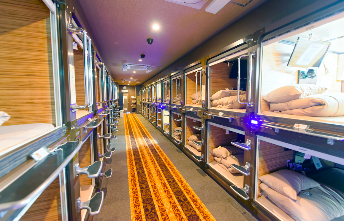 Interior view of capsule hotel in city center. Capsule Hotels are less expensive structures very famous in Tokyo.