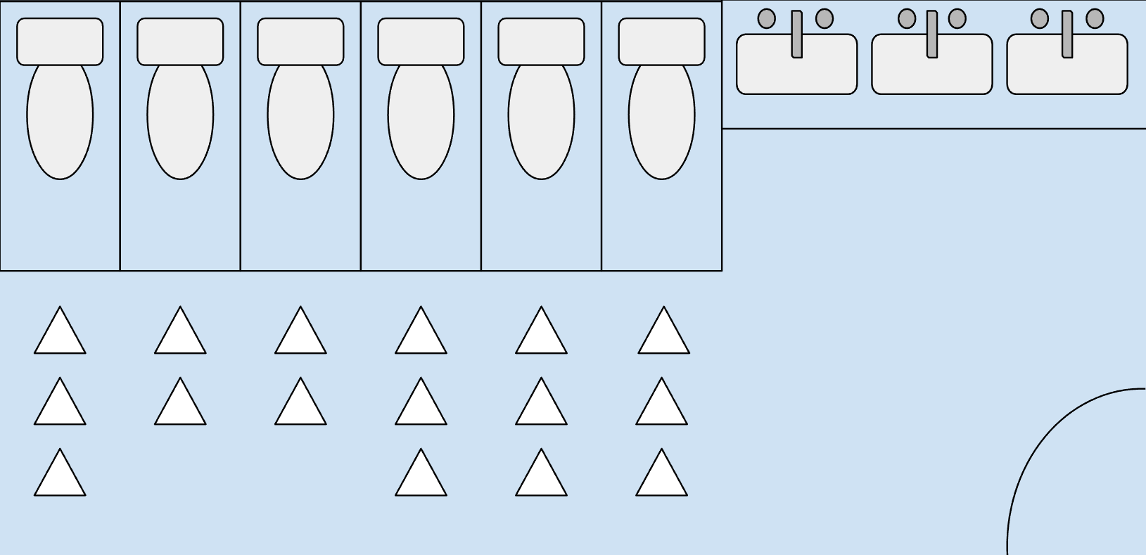 Contoh antrian di toilet umum di Indonesia. Segitiga menggambarkan orang-orang yang sedang berbaris.