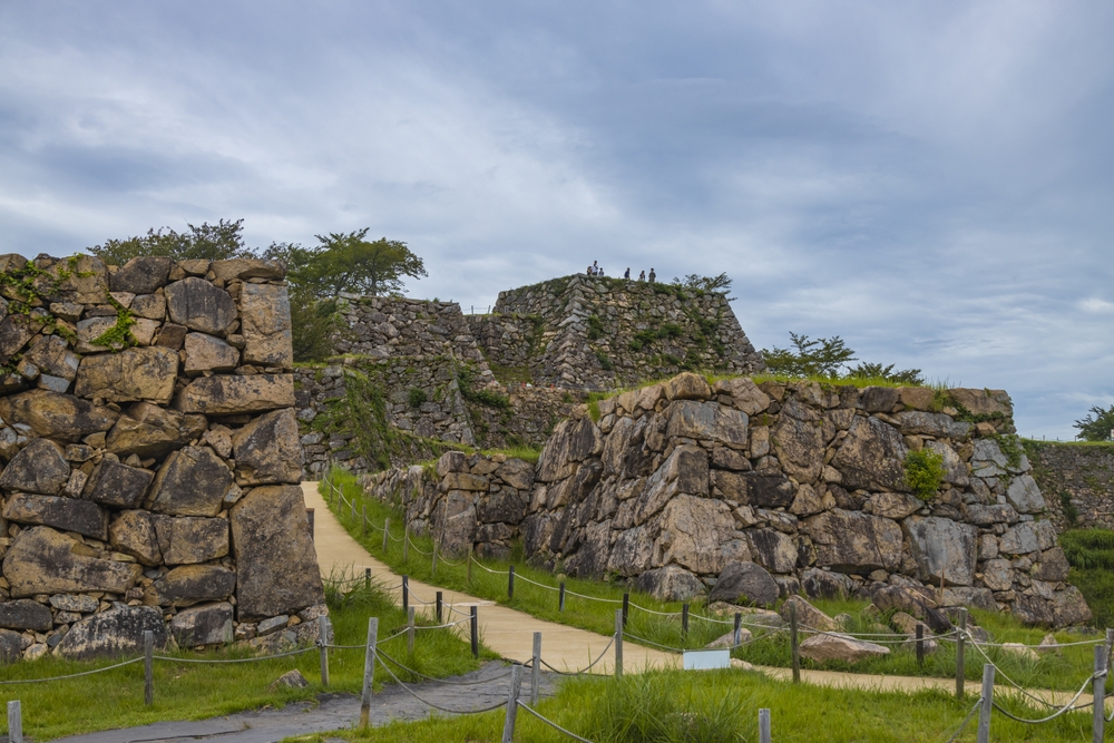 Stone walls of the ruins of Takeda Castle in Japan