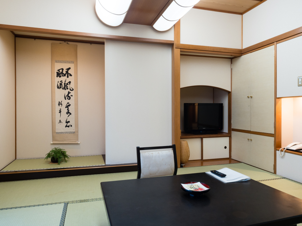 Traditional Japanese style room with tatami floor mats in Aburaya Ryokan.