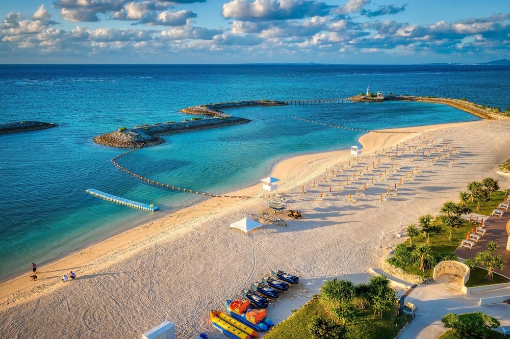 Unspoiled coastline and pristine turquoise waters of Okinawa, a popular travel destination in Japan