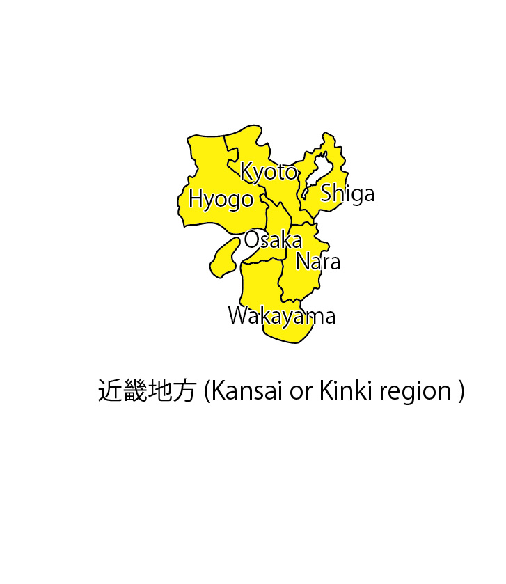 Peta wilayah Kinki atau kerap disebut juga Kansai, Pulau Honshu, Jepang.