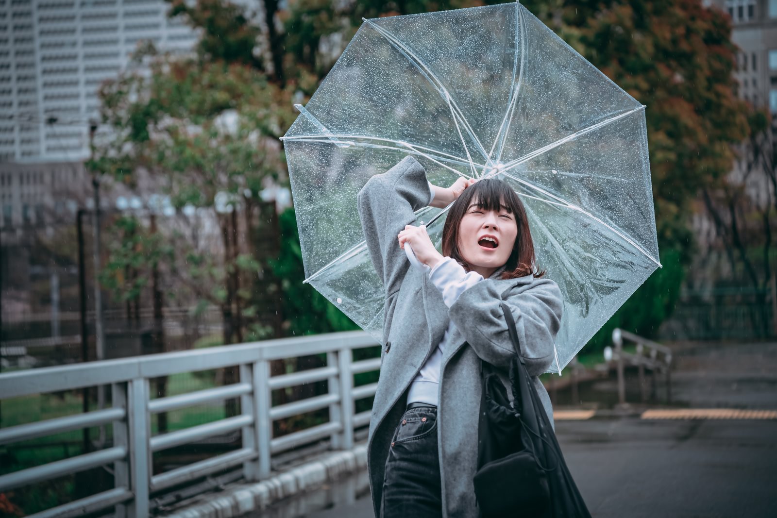 Seorang perempuan di Jepang sedang menggunakan payung berwarna transparan.