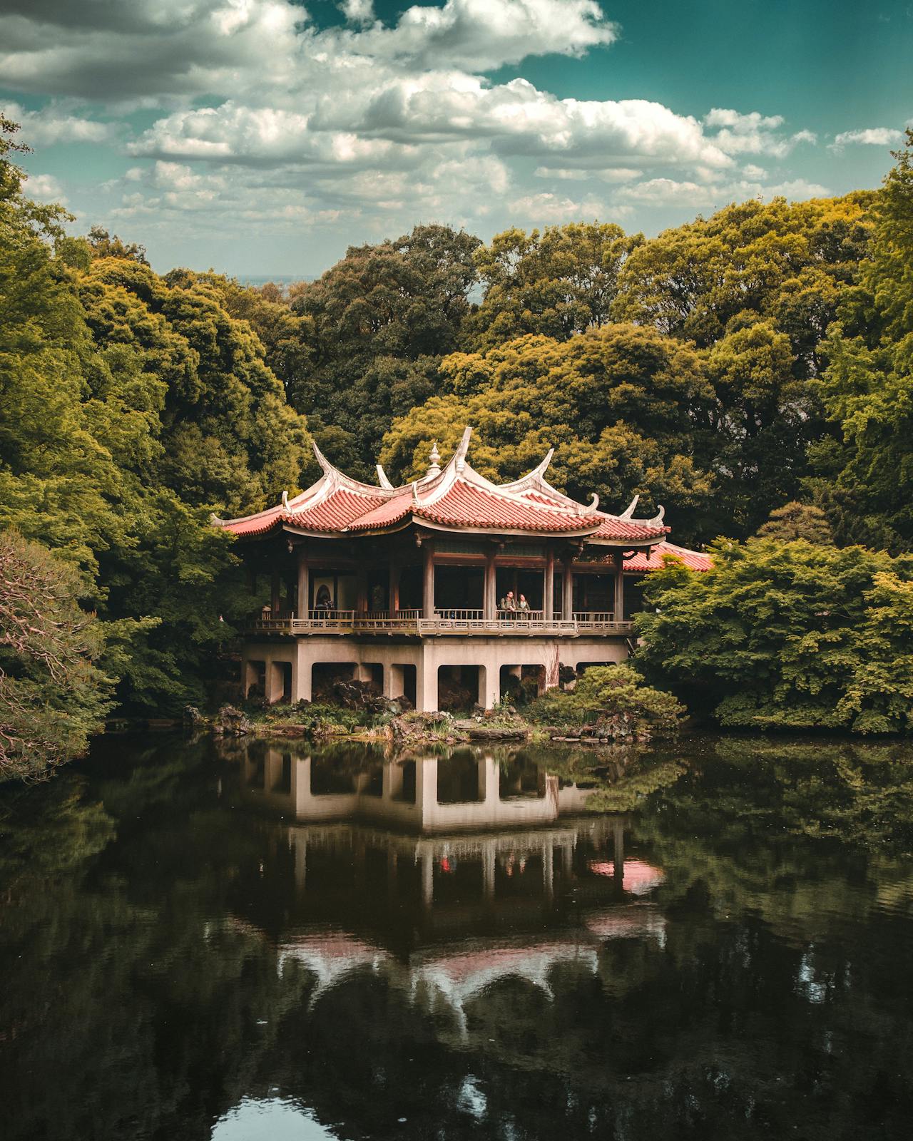 Ilustrasi kolam di taman tradisional Jepang. 