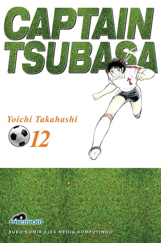 Cover komik Captain Tsubasa (Premium) volume 12 menghadirkan cerita seru perjuangan Tsubasa dan tim bertanding sepak bola.