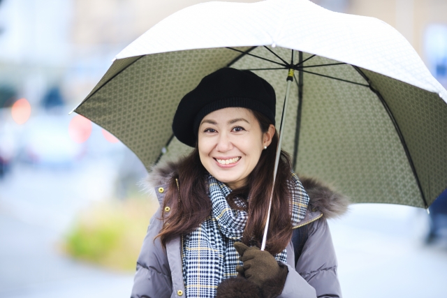 Outfit musim dingin di Jepang: jaket tebal, sarung tangan, syal, topi kupluk, dan payung.