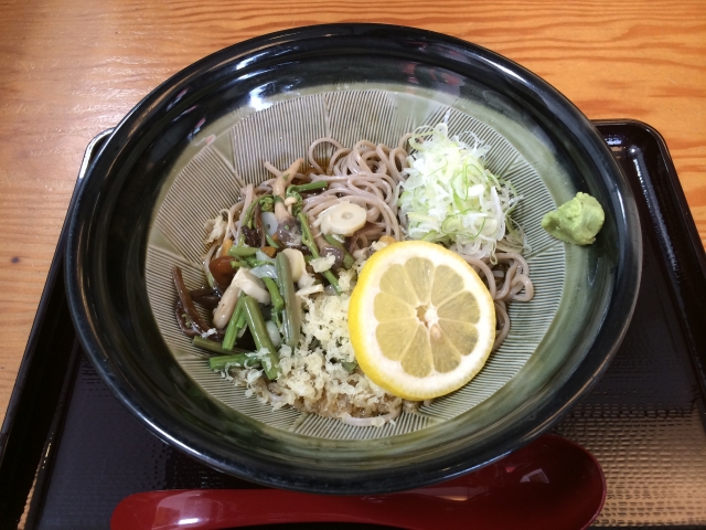 Mie jepang dengan topping sansai, sayur liar musim semi.