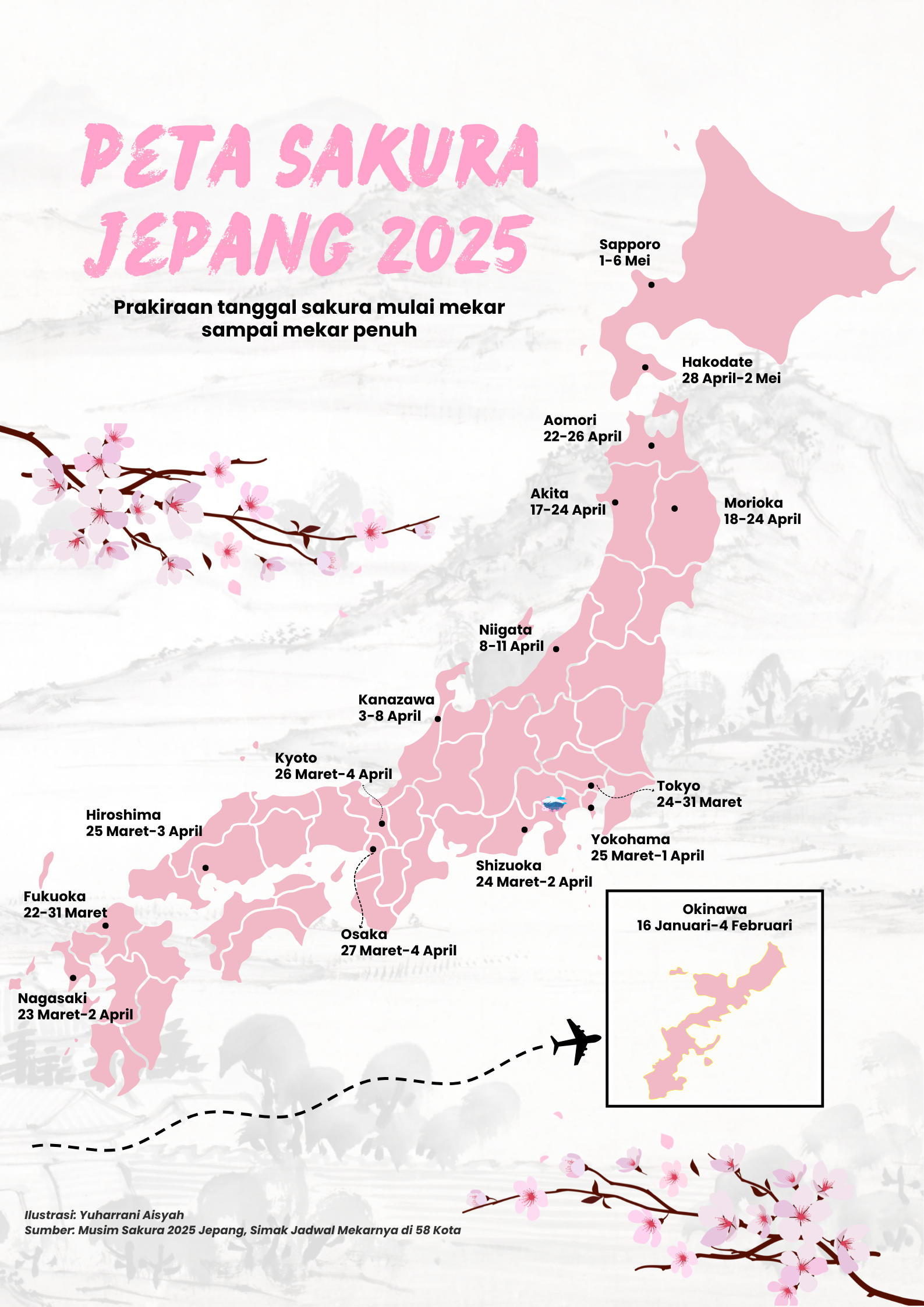 Peta sakura Jepang 2025 berdasarkan Badan Meteorologi Jepang, memuat prakiraan tanggal sakura mulai mekar sampai mekar penuh.