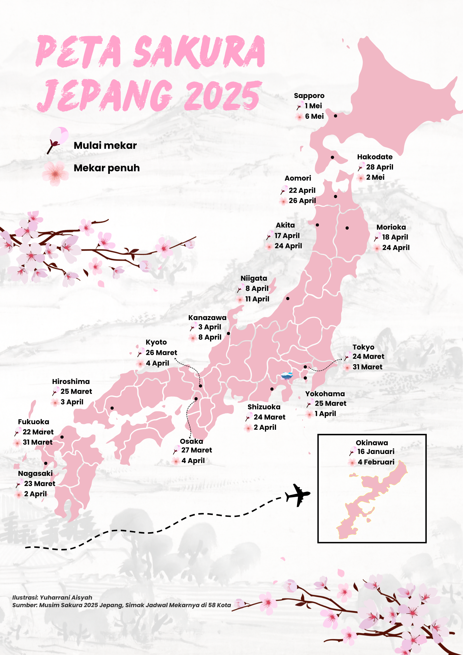 Peta sakura mekar 2025 di Jepang berdasarkan data Badan Meteorologi Jepang.