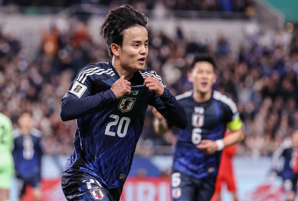 Takefusa Kubo mencetak gol untuk Timnas Jepang saat melawan Bahrain pada Kualifikasi Piala Dunia 2026 pada 20 Maret 2025.