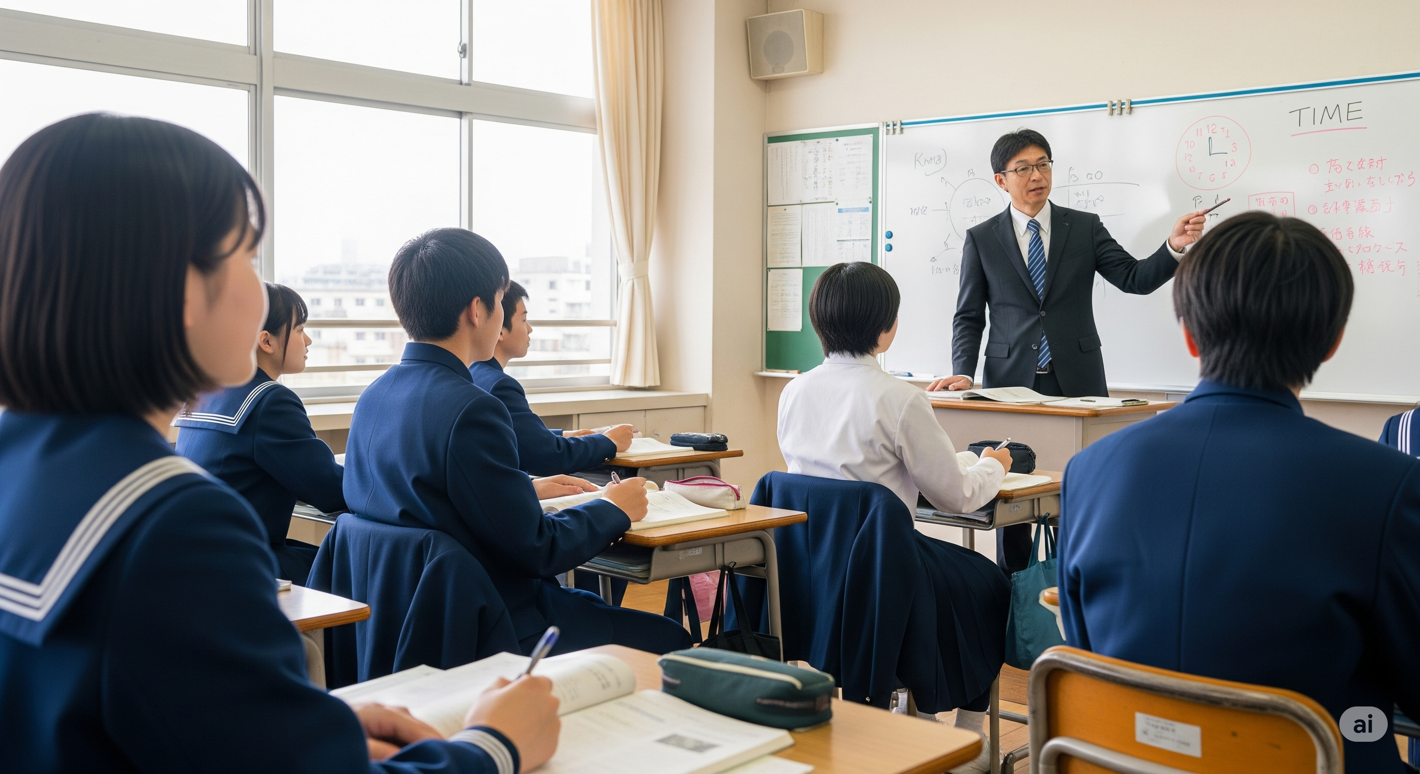 Ilustrasi guru sedang mengajar siswa sekolah menengah atas (SMA) di Jepang.