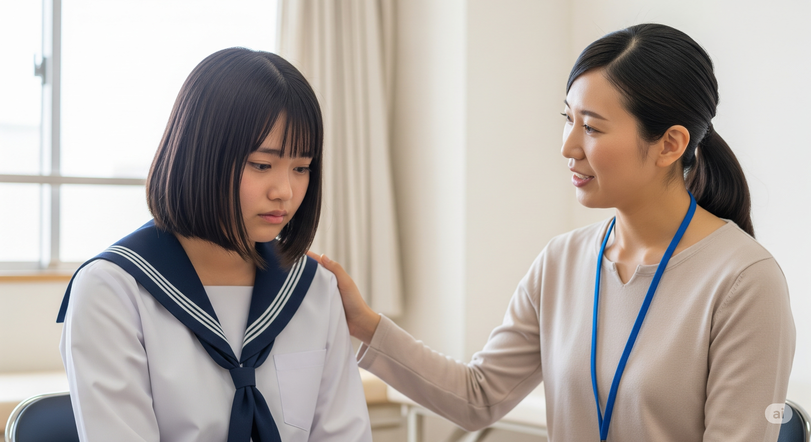 Ilustrasi siswa sekolah di Jepang melakukan konseling psikologis dengan konselor sekolah.
