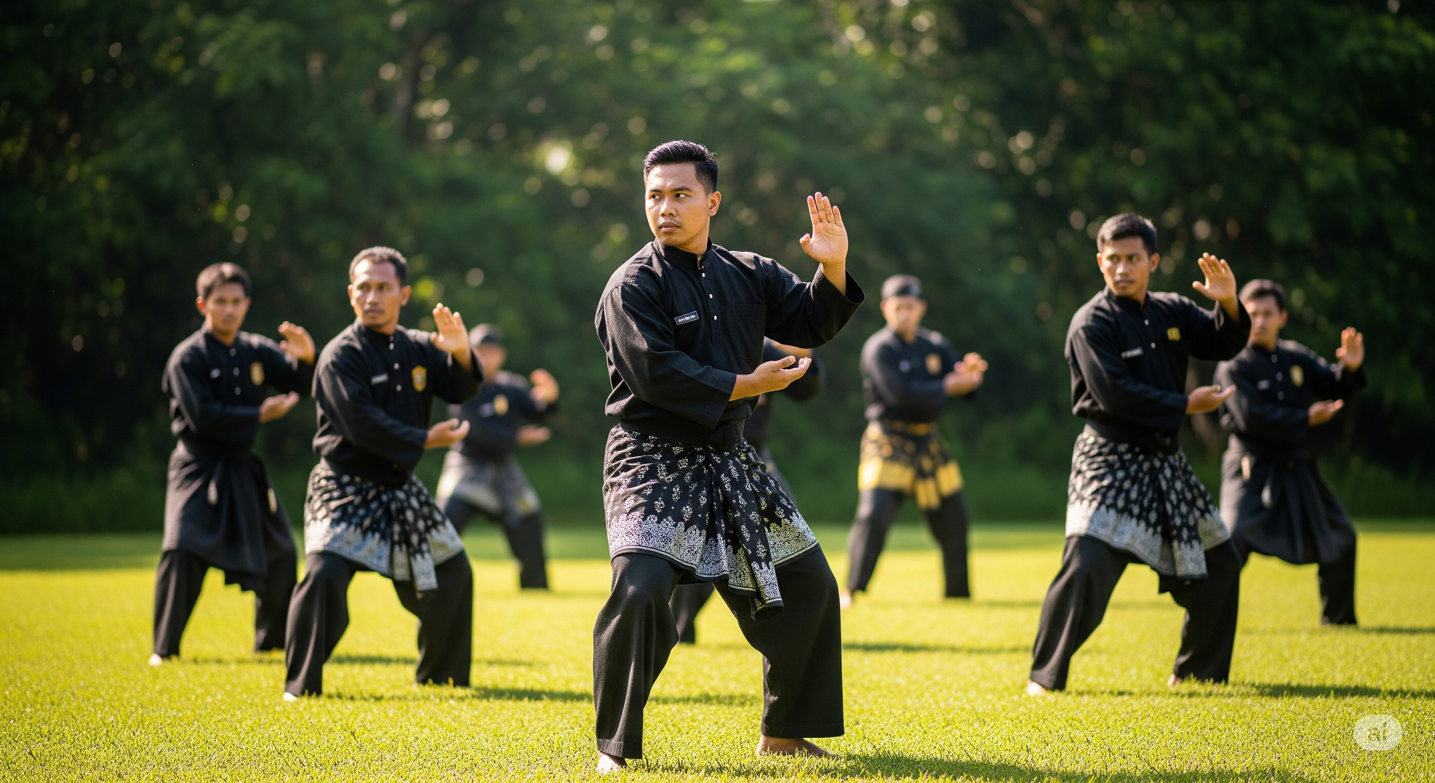 Ilustrasi orang melakukan pencak silat di lapangan.