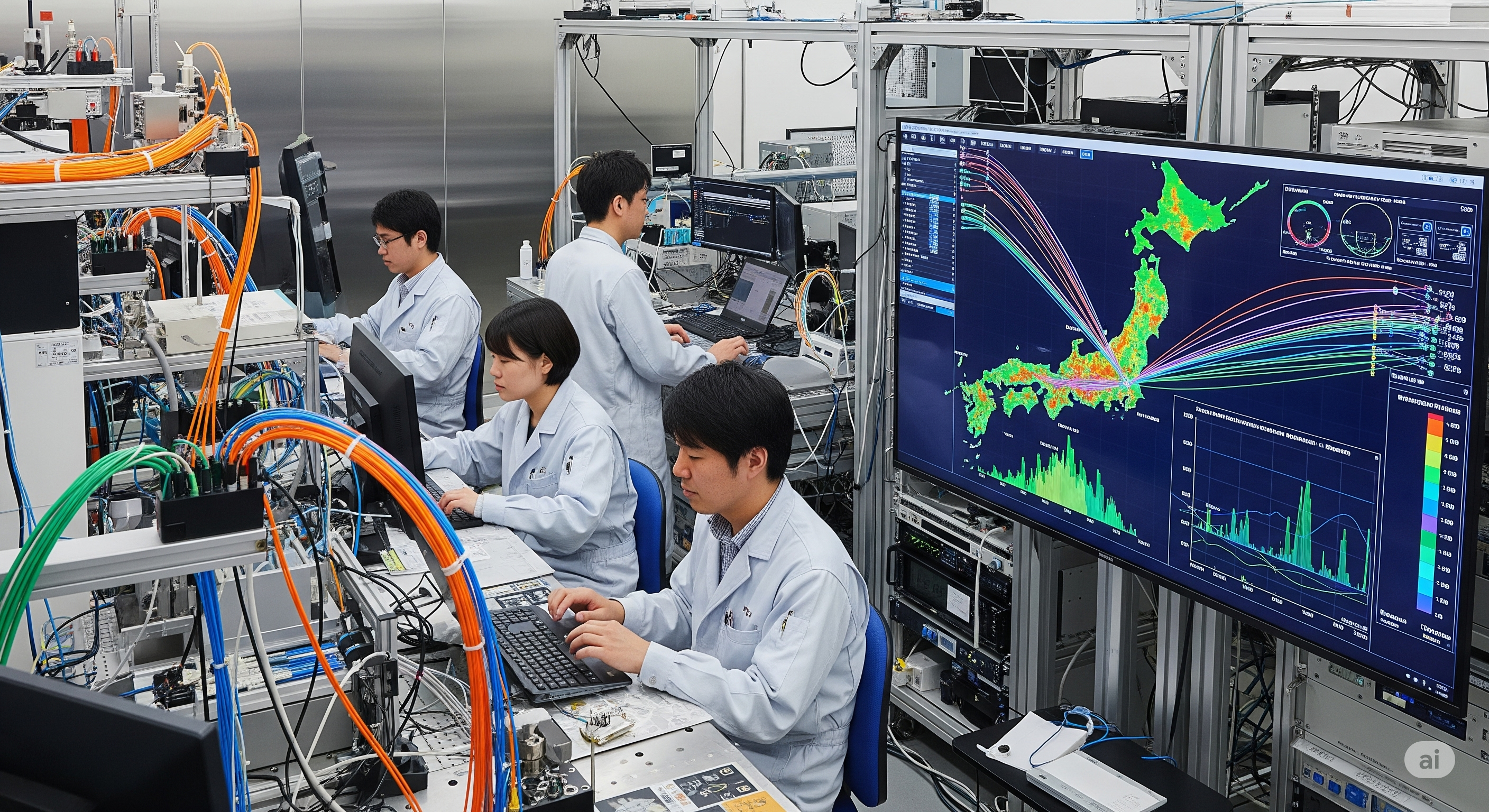 Ilustrasi laboratorium riset teknologi Jepang dengan kabel serat optik dan visualisasi data internet super cepat.
